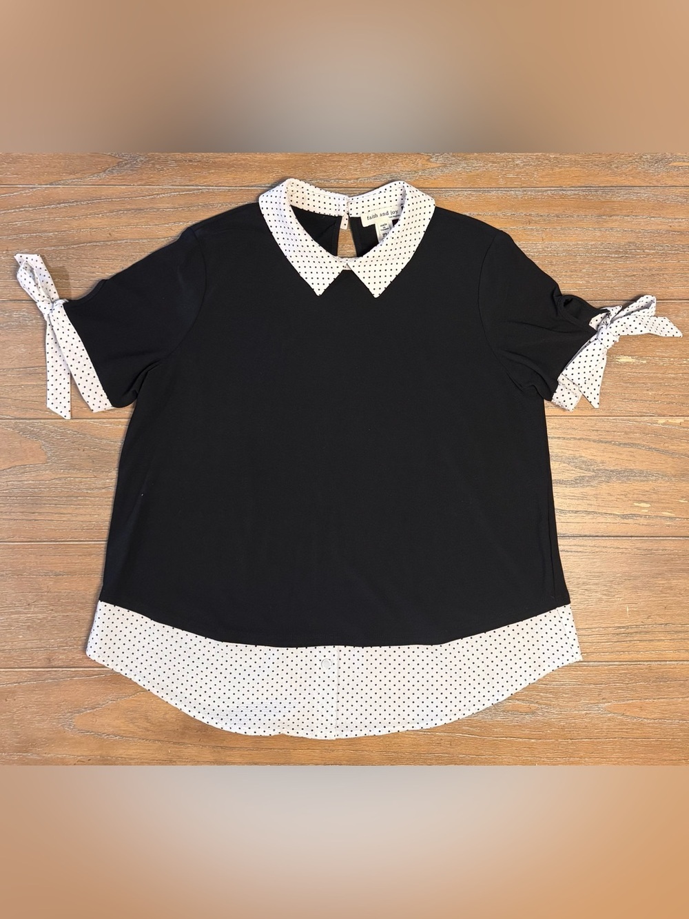 Faith and Joy Black Blouse with White Polka Dot Collar, Hem & Sleeve Ties #17